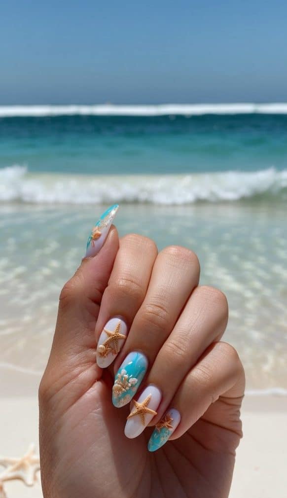 A colorful coral reef with seashells, starfish, and waves, surrounded by sandy beach and clear blue water