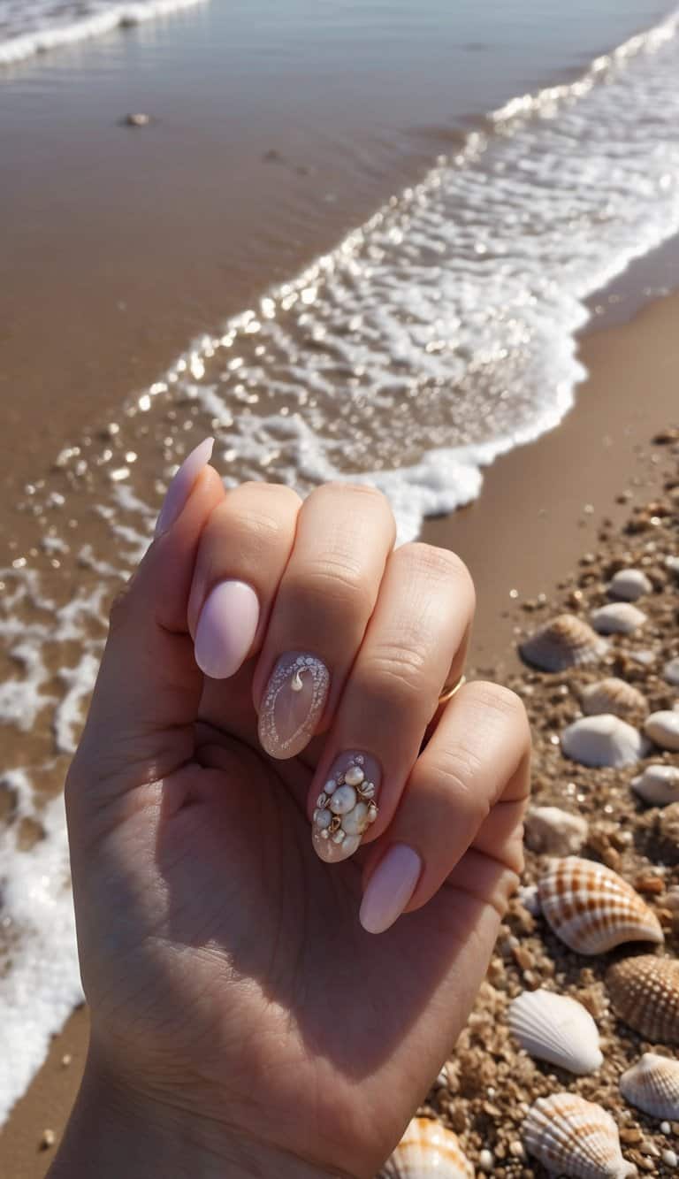 A sandy beach with gentle waves lapping at the shore, surrounded by seashells and sparkling in the sunlight