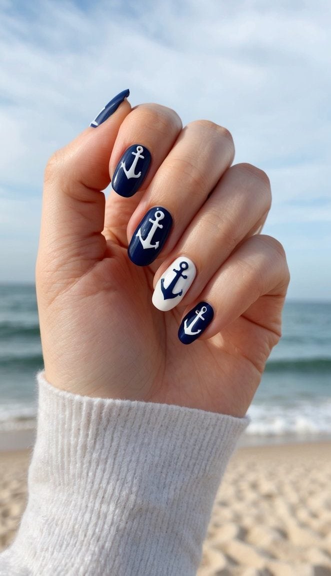 Navy and white anchor nail art on sandy beach background with ocean waves