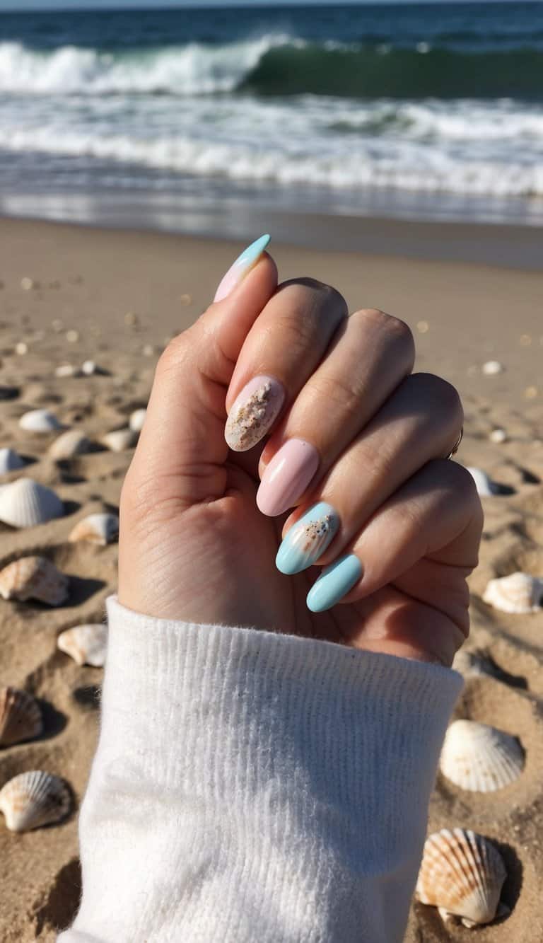 A sandy beach with waves crashing, seashells scattered, and a manicured hand with beach-themed nail art
