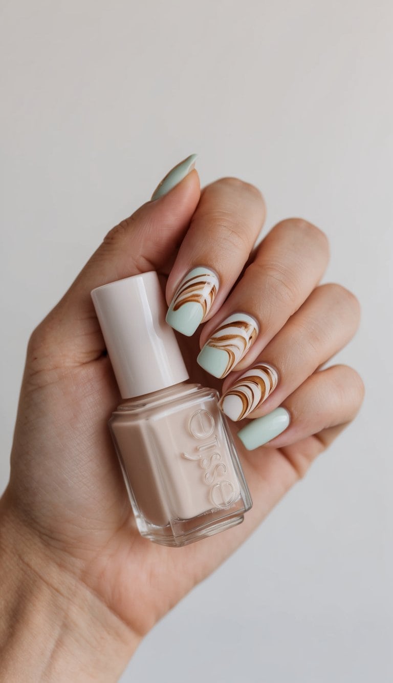 Soft pastel nail polish bottles swirling in coffee-inspired patterns