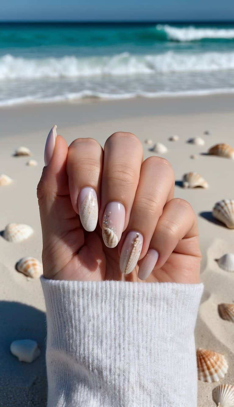 A sandy beach with waves crashing, seashells scattered, and a clear blue ocean with pearlescent hues
