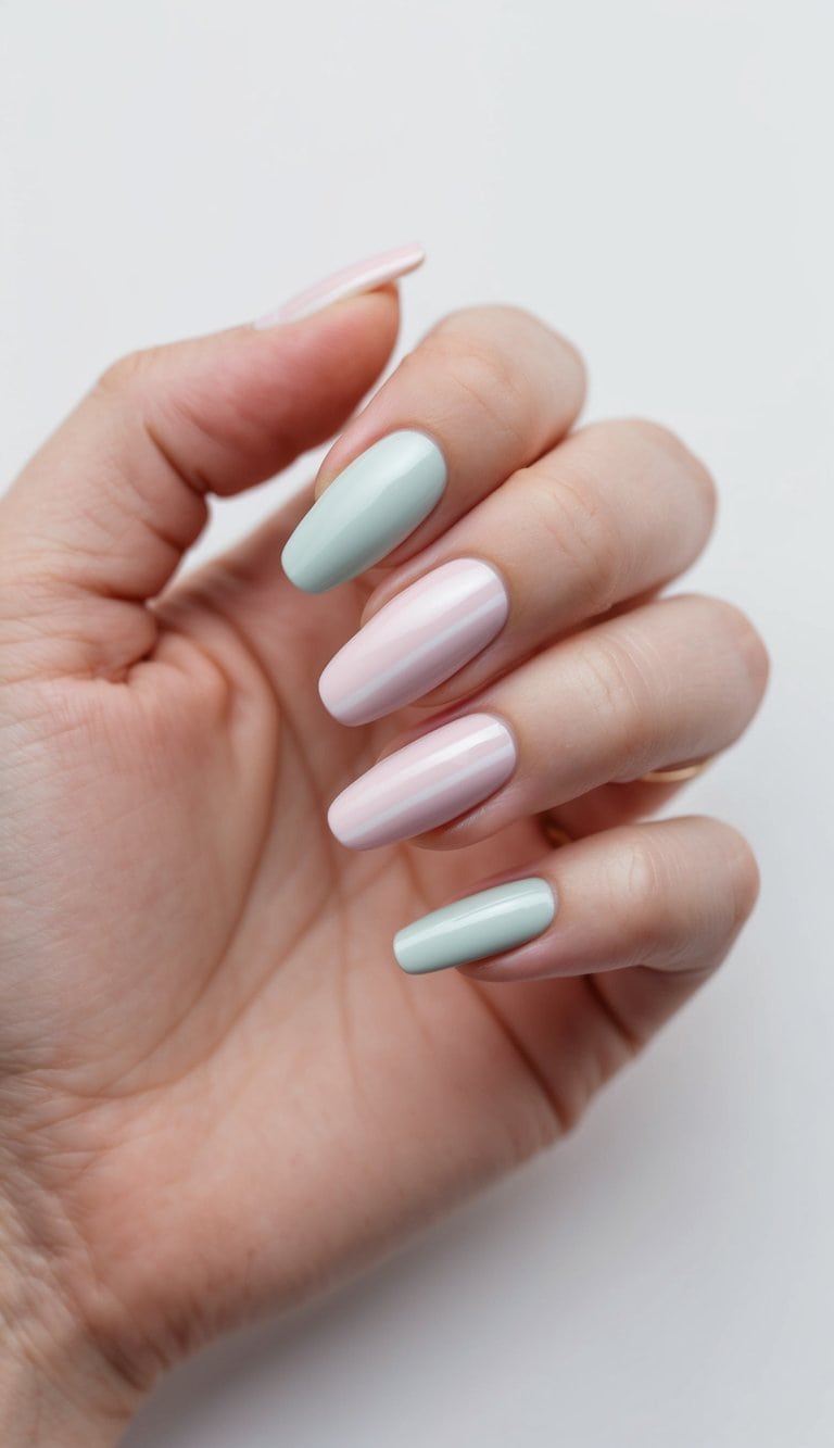 Soft pastel nails arranged in minimalist lines, creating an aesthetic and serene composition