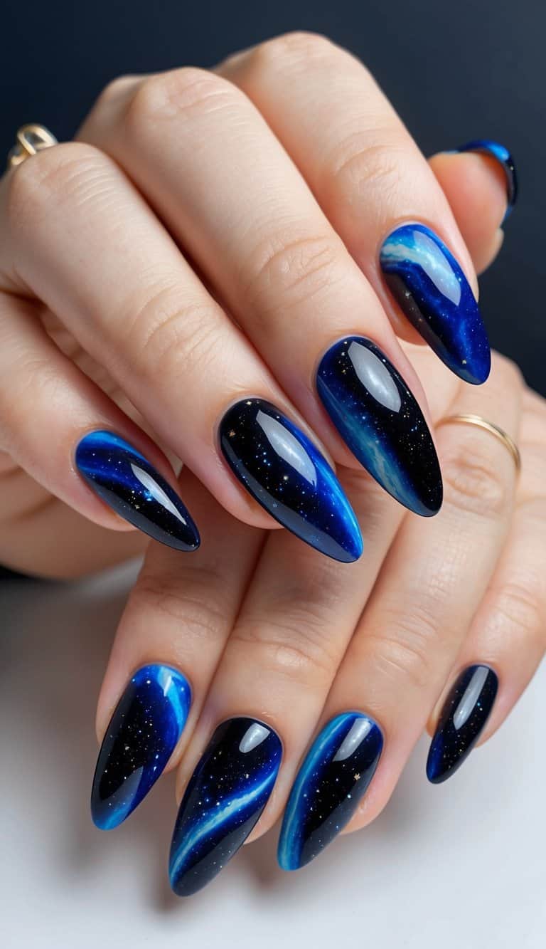 A galaxy-themed nail art design with swirling black and blue colors against a midnight backdrop