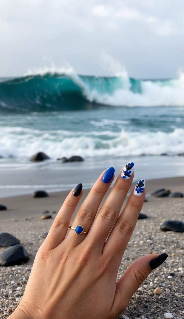 Oceanic waves crashing against a rocky shore with black and blue nail art designs scattered on the sand