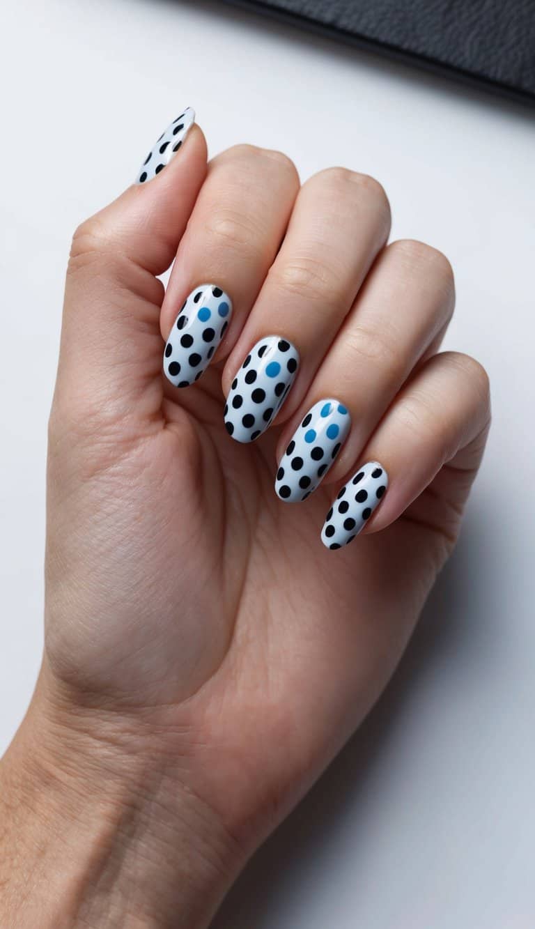 A close-up of black and blue polka dotted nails on a sleek, edgy background