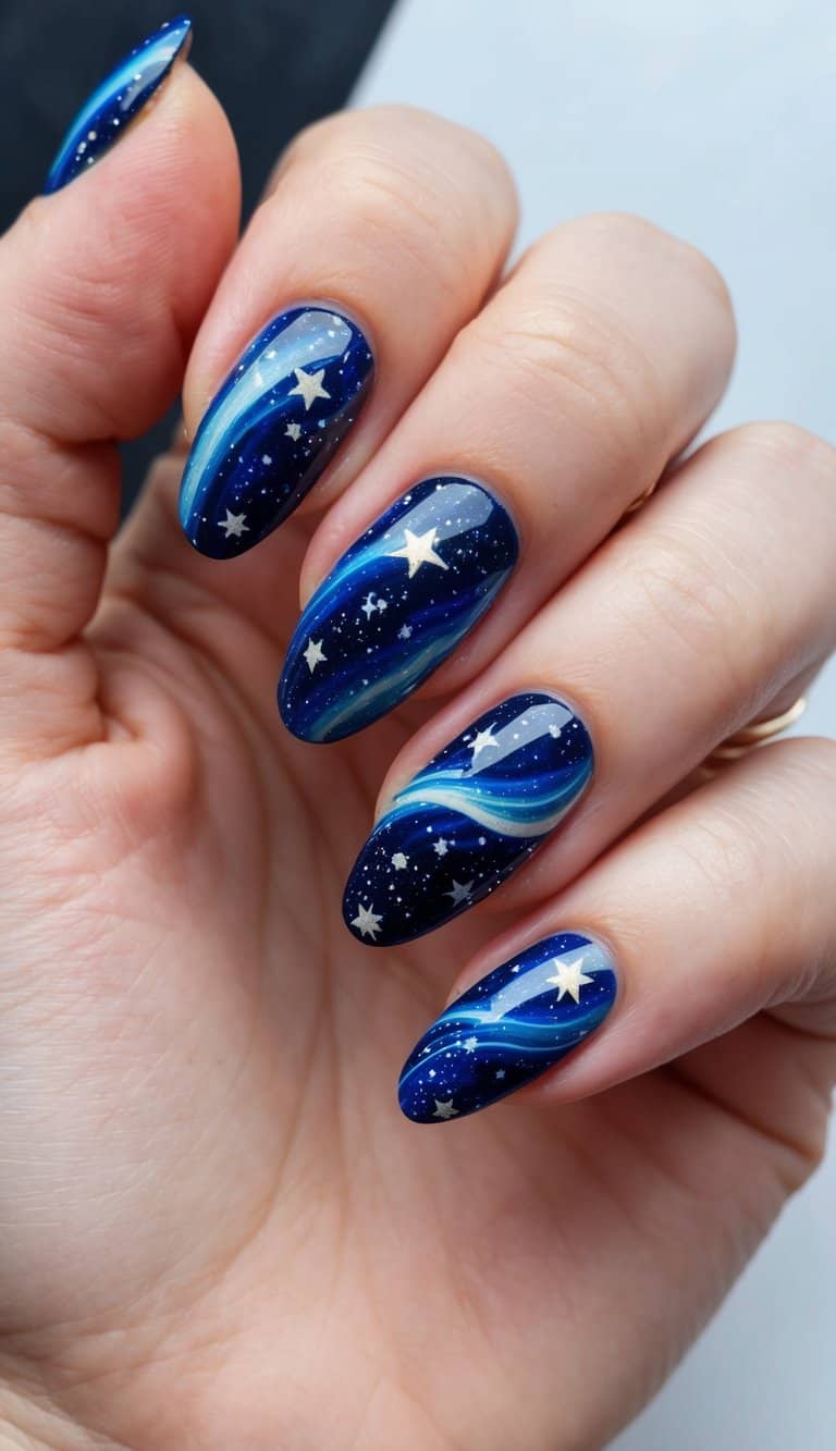A galaxy-themed nail art design with swirling colors and twinkling stars against a dark background