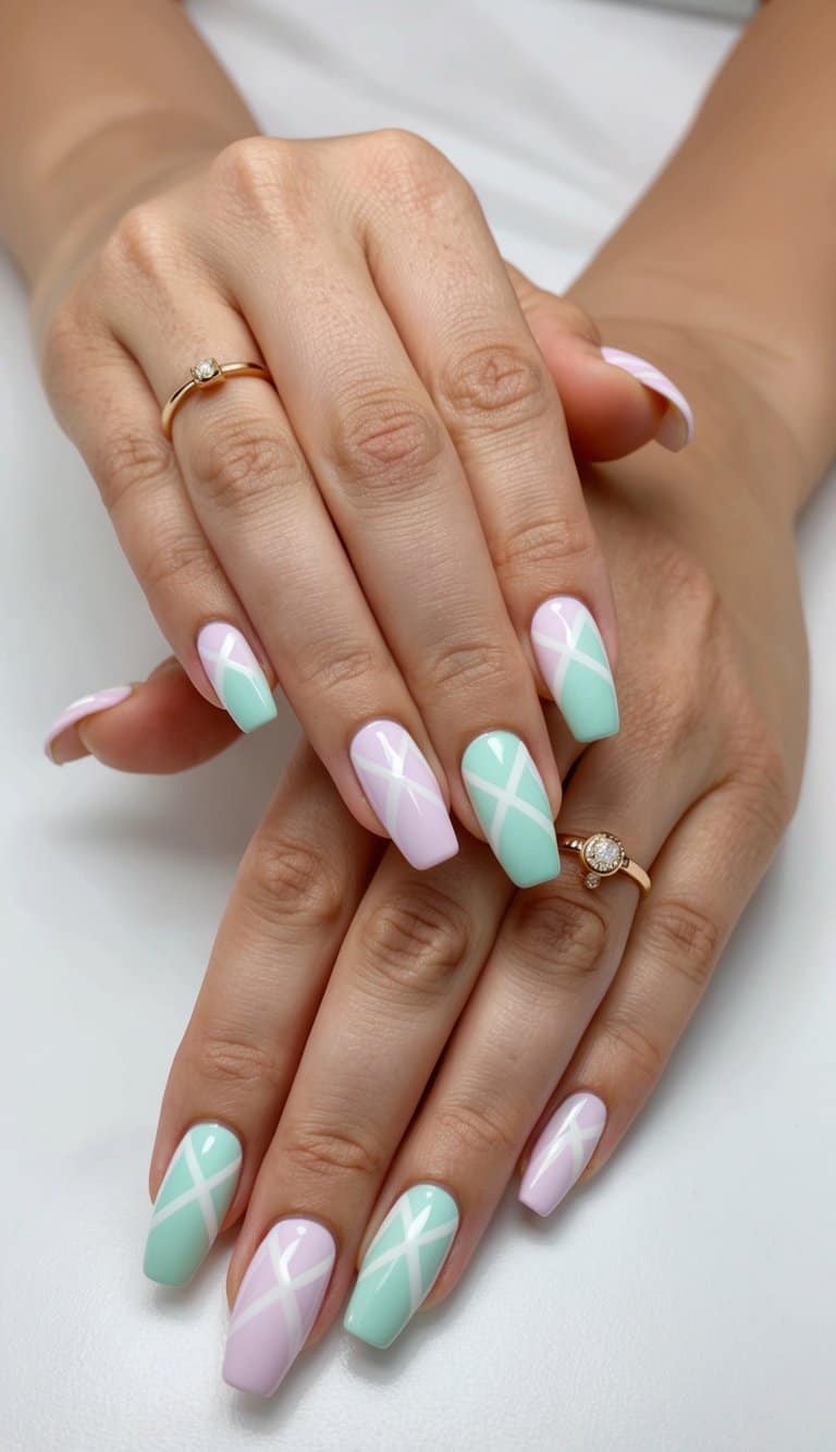 A pastel checkerboard nail design with soft colors and clean lines