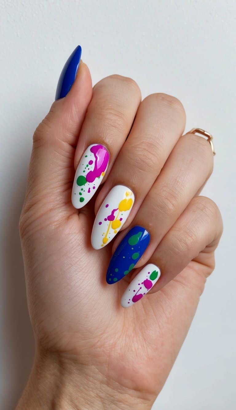 Vibrant paint splatters decorate a set of elegant nails