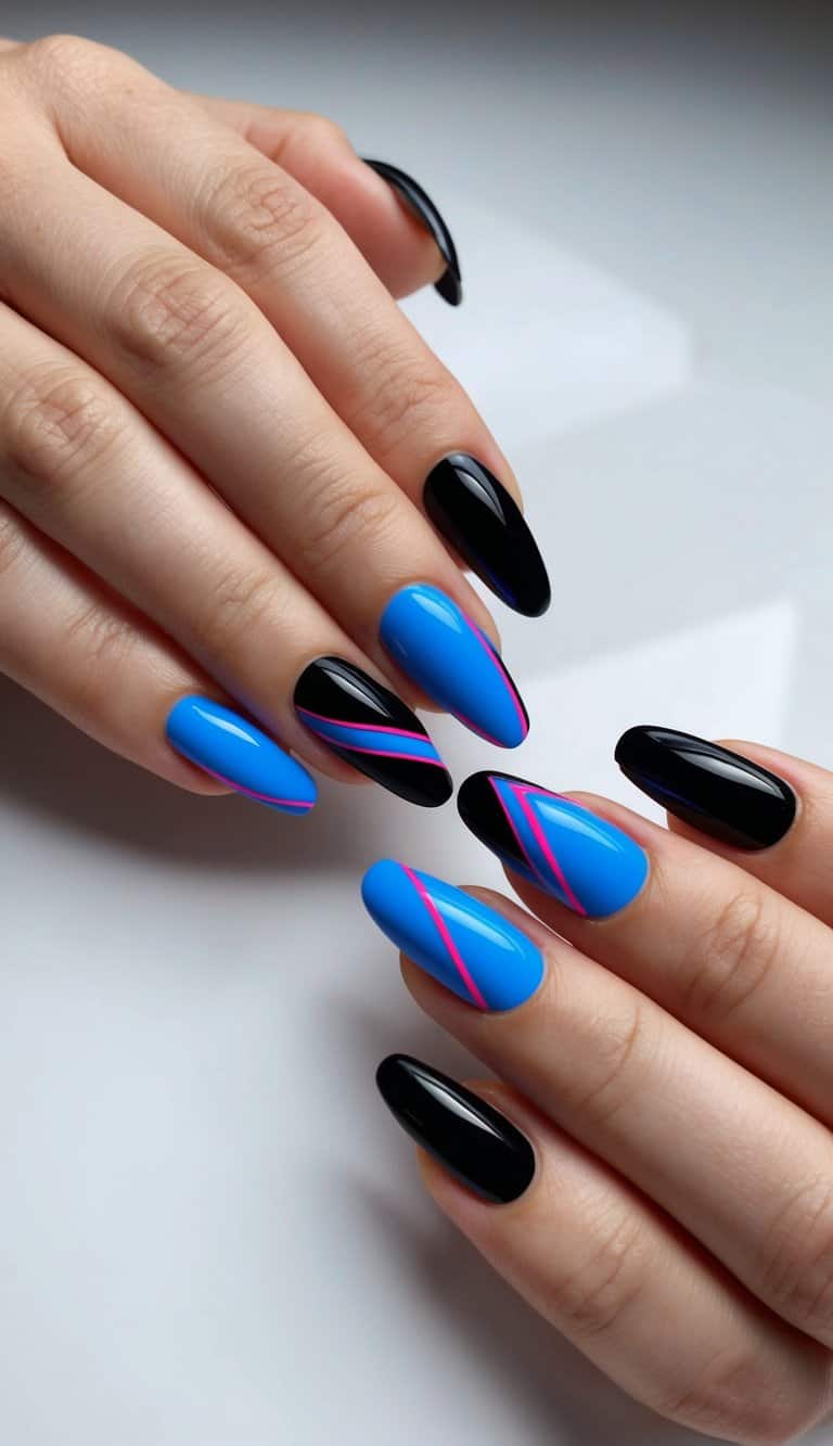 A sleek black and blue nail art design with neon accents on a glossy surface