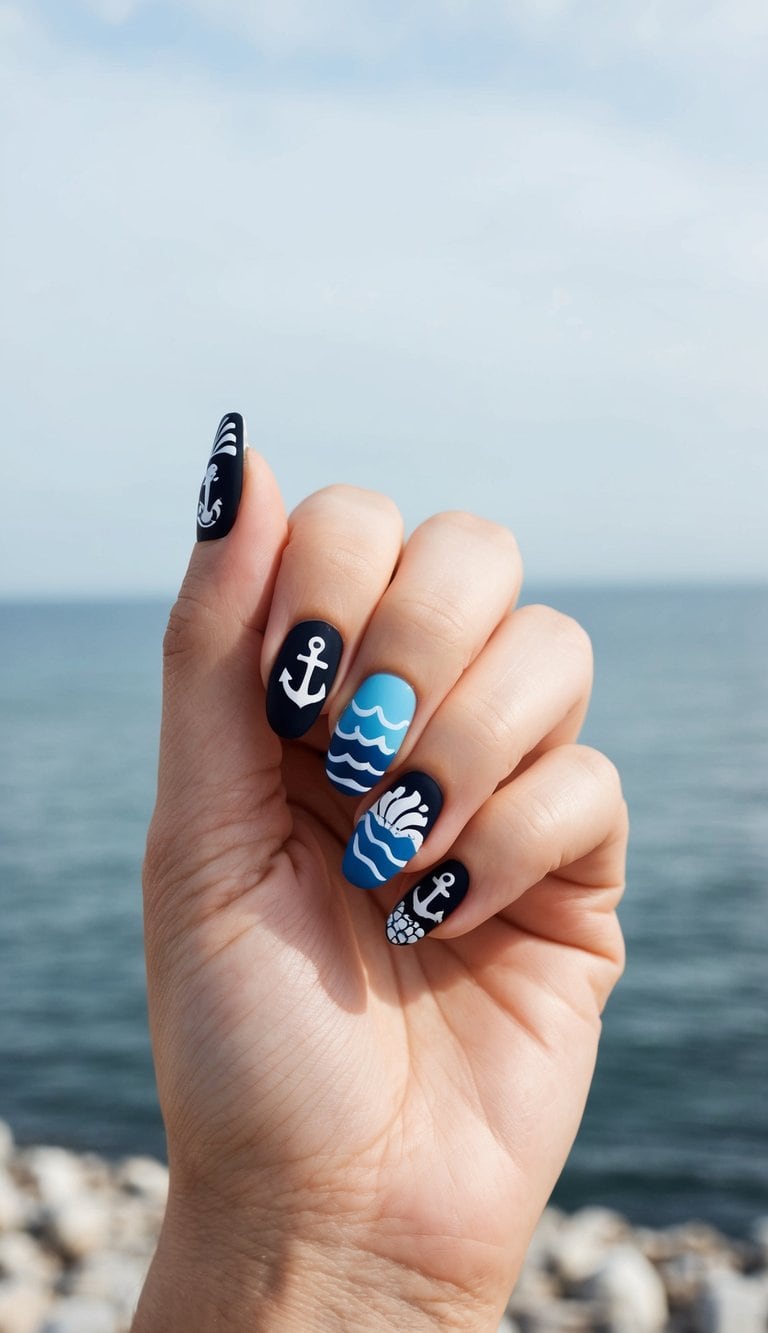 A tranquil seascape with black and blue nail art designs adorning a variety of nautical-themed elements such as anchors, waves, and seashells