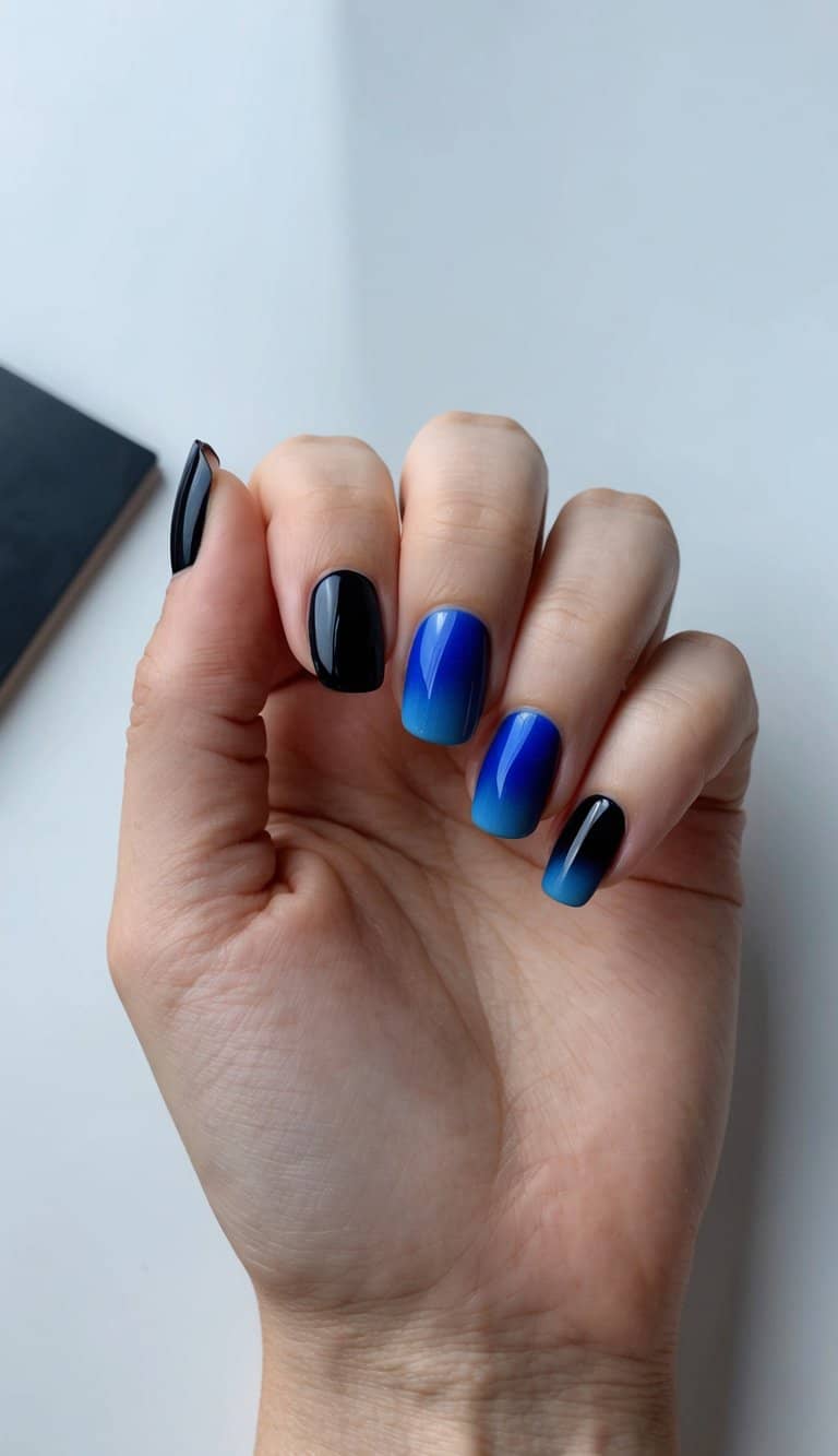 A close-up view of black and blue ombre nail art on a sleek, modern surface
