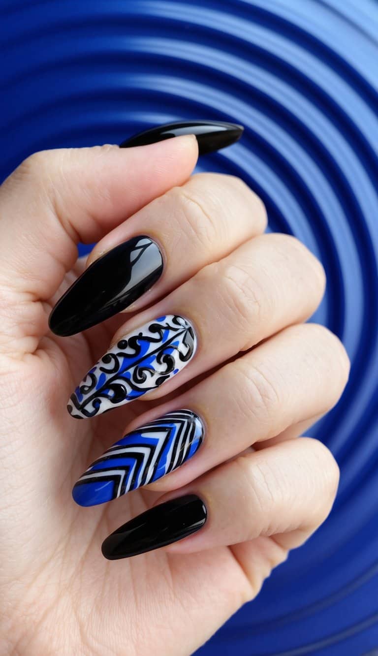 A close-up of black and blue nail art designs on a royal ripple background, showcasing intricate patterns and elegant color combinations