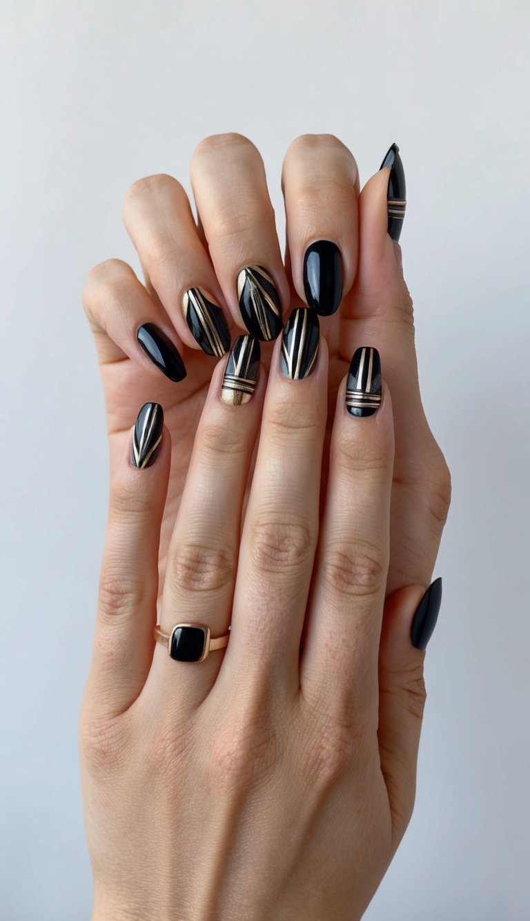 A sleek black nail art design featuring geometric patterns and metallic accents