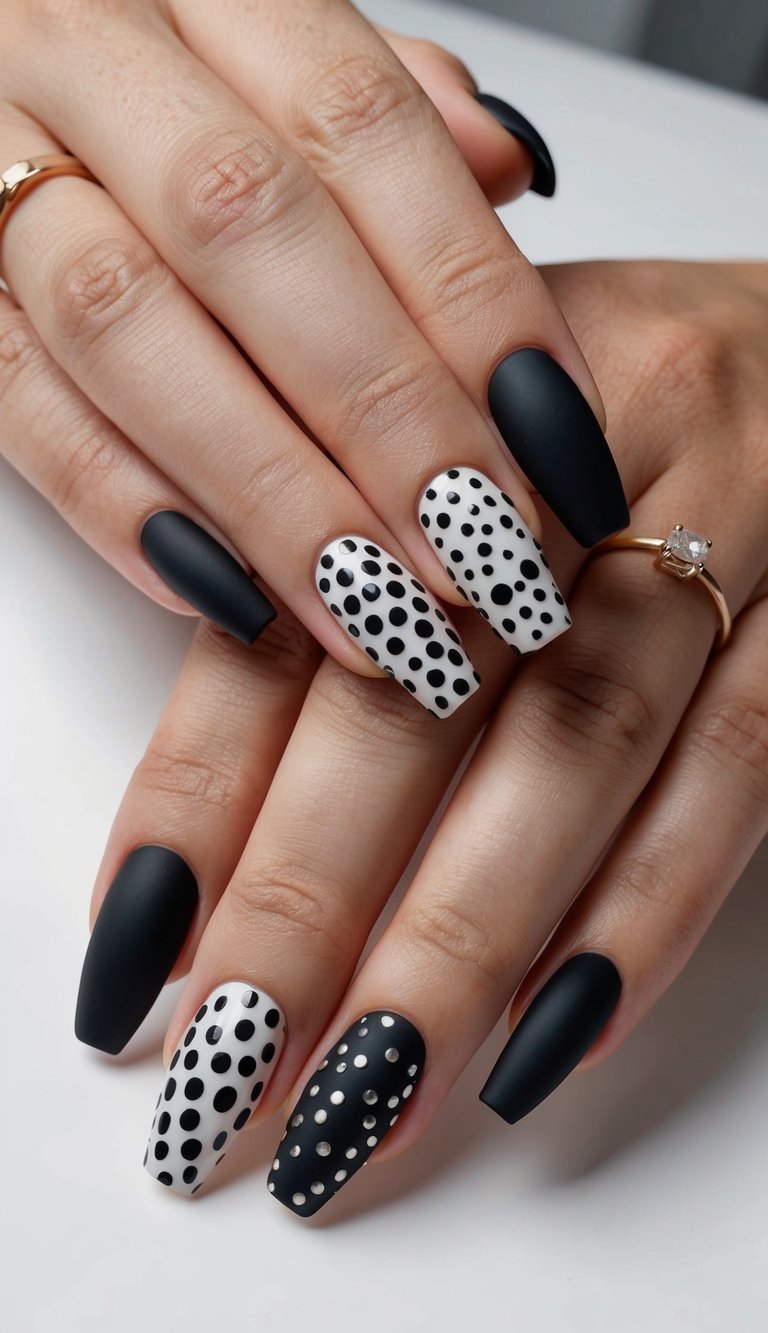 A close-up of minimalist black dots arranged in various patterns on a sleek, matte black nail surface