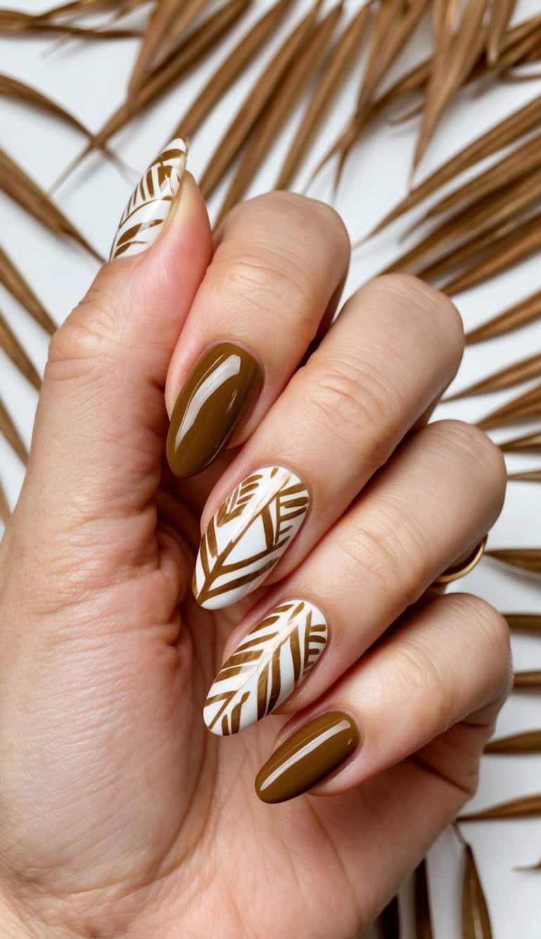 Earth-toned nail polish with tribal leaf motifs on a boho-themed background