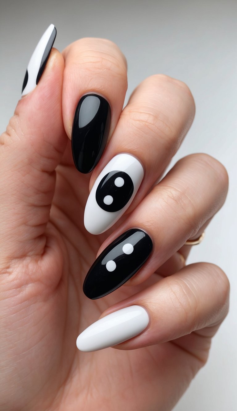A sleek, minimalist nail design featuring yin and yang symbols in black