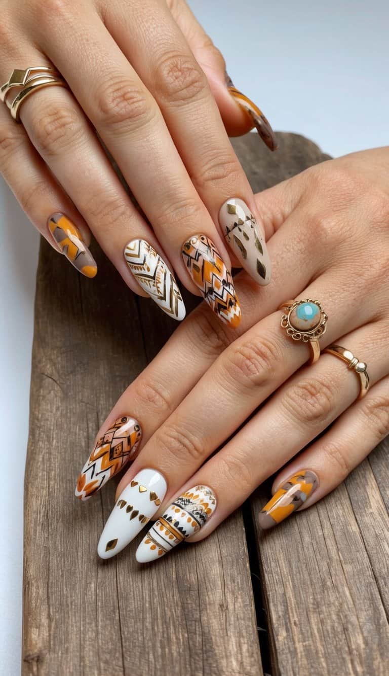 A collection of boho-themed nail art designs with earthy tones and tribal patterns displayed on a rustic wooden surface