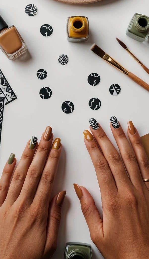A table with various earthy-toned nail polishes, small tribal pattern stencils, and brushes scattered around