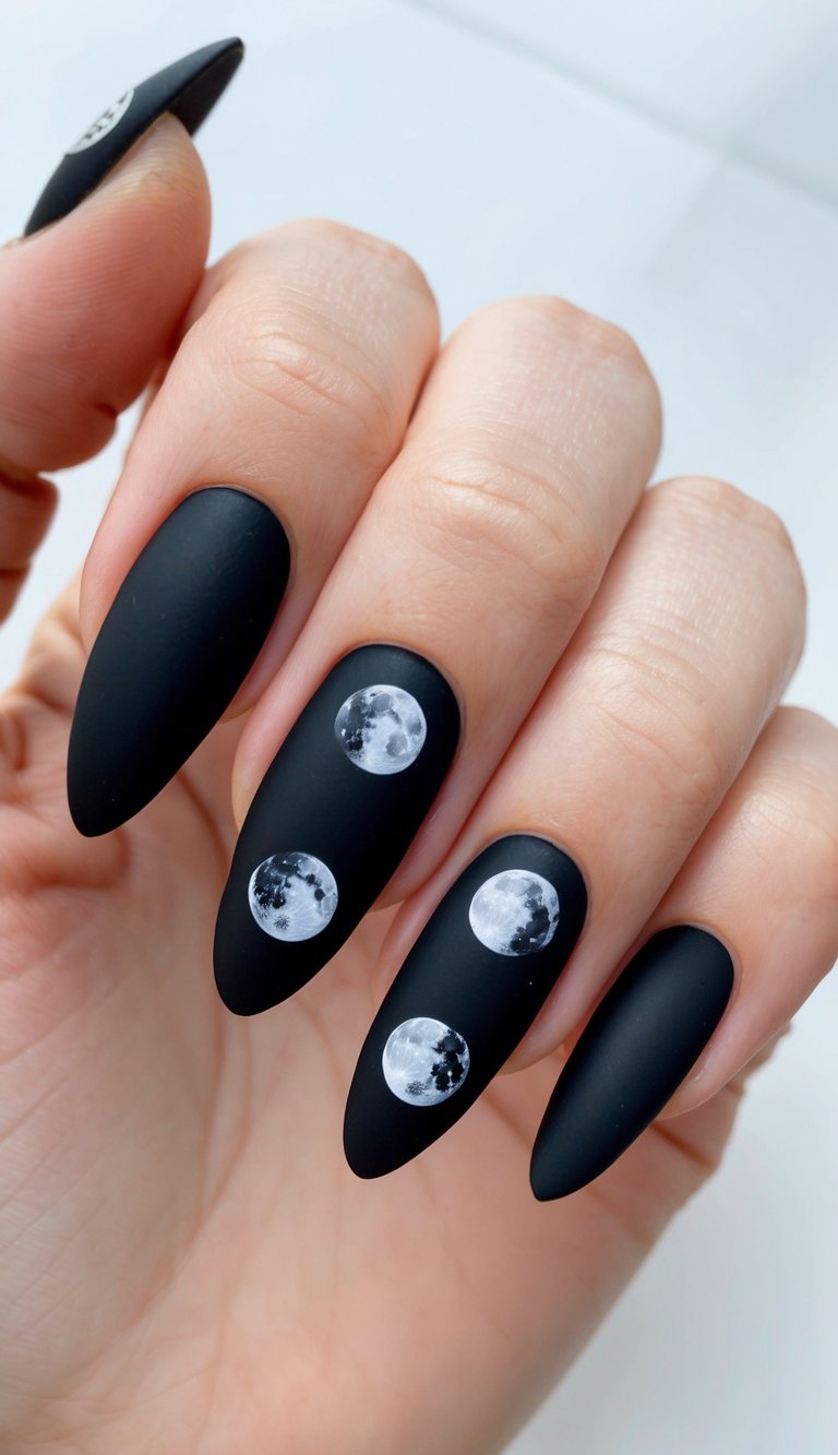 A sleek, black manicure with intricate moon phase designs on each nail
