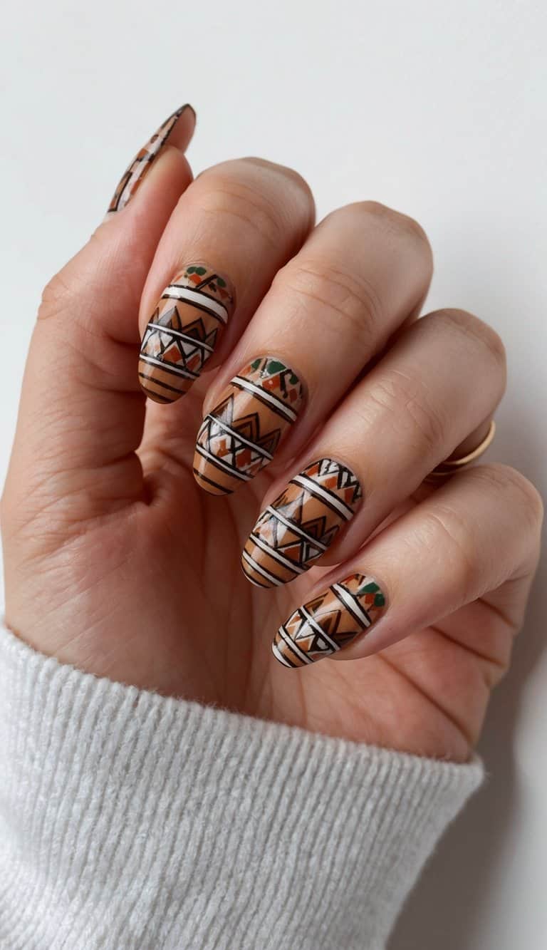 Earth-toned nails adorned with Aztec geometric patterns