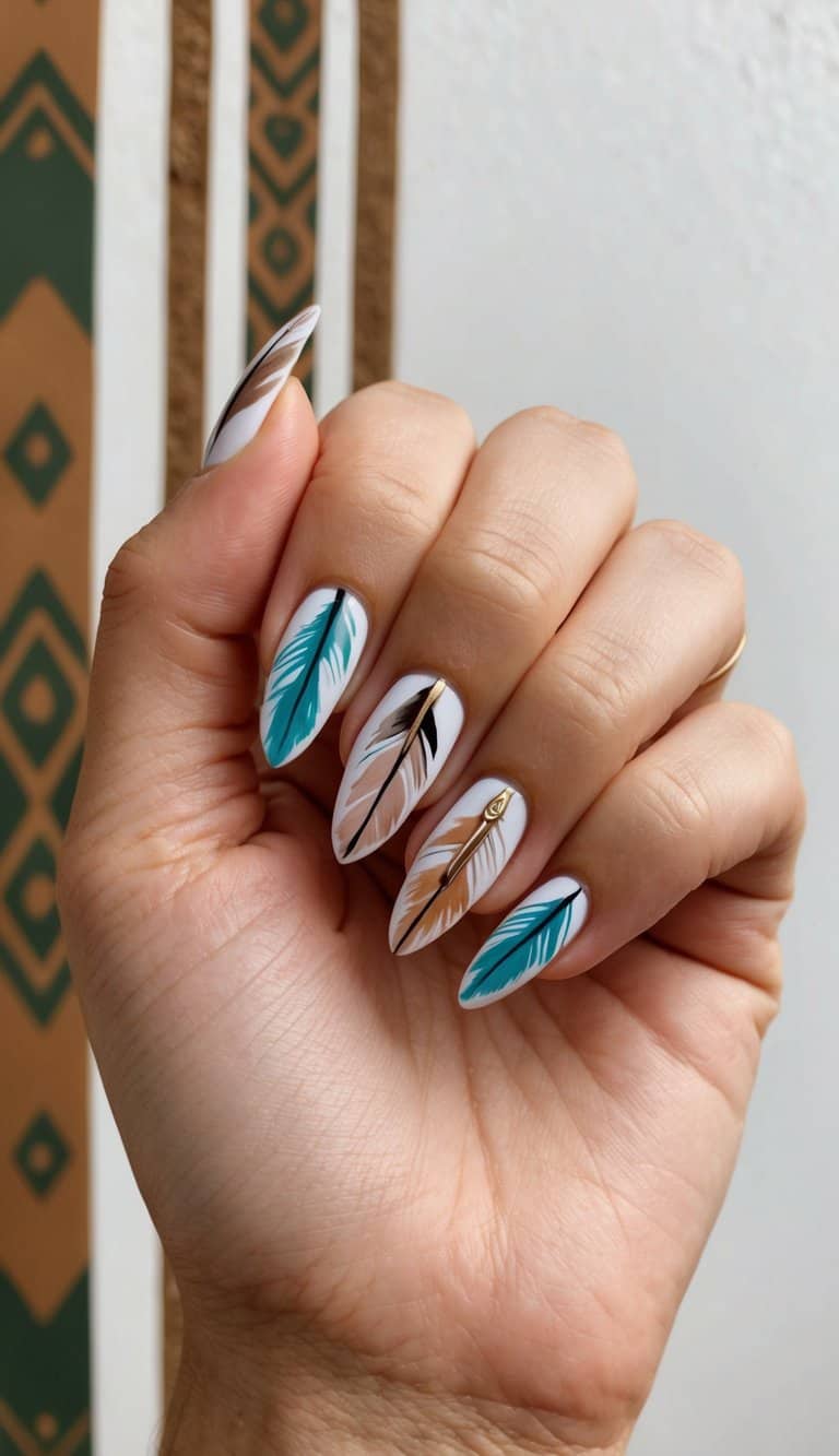 A hand with boho-inspired feather accent nails against a backdrop of earthy tones and tribal patterns