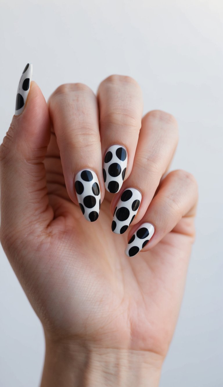 A close-up of black polka dots on a white background, creating a bold and edgy nail art design