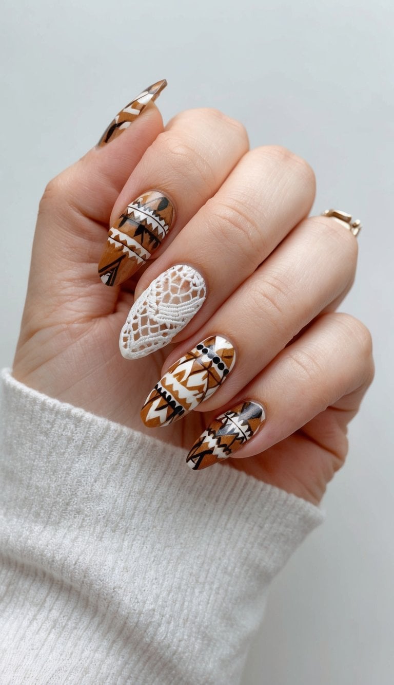 A close-up of boho-inspired nails with earthy tones and tribal patterns, featuring lace and embroidery details