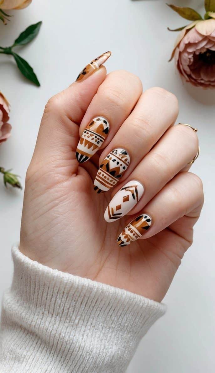A hand holding a bohemian-inspired nail art design with earthy tones and tribal patterns, surrounded by vintage florals