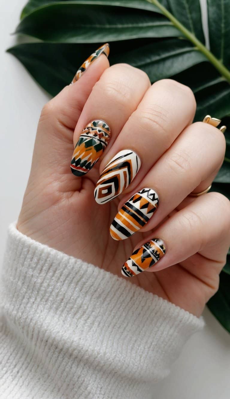 A collection of boho nail art designs with bold ethnic patterns in earthy tones and tribal motifs