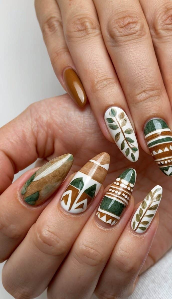 A collection of boho nail art designs featuring earthy tones and tribal patterns, inspired by nature