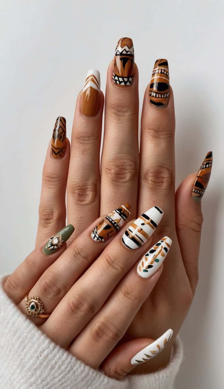 An array of boho nail art designs with earthy tones and tribal patterns displayed on a variety of nail shapes and lengths