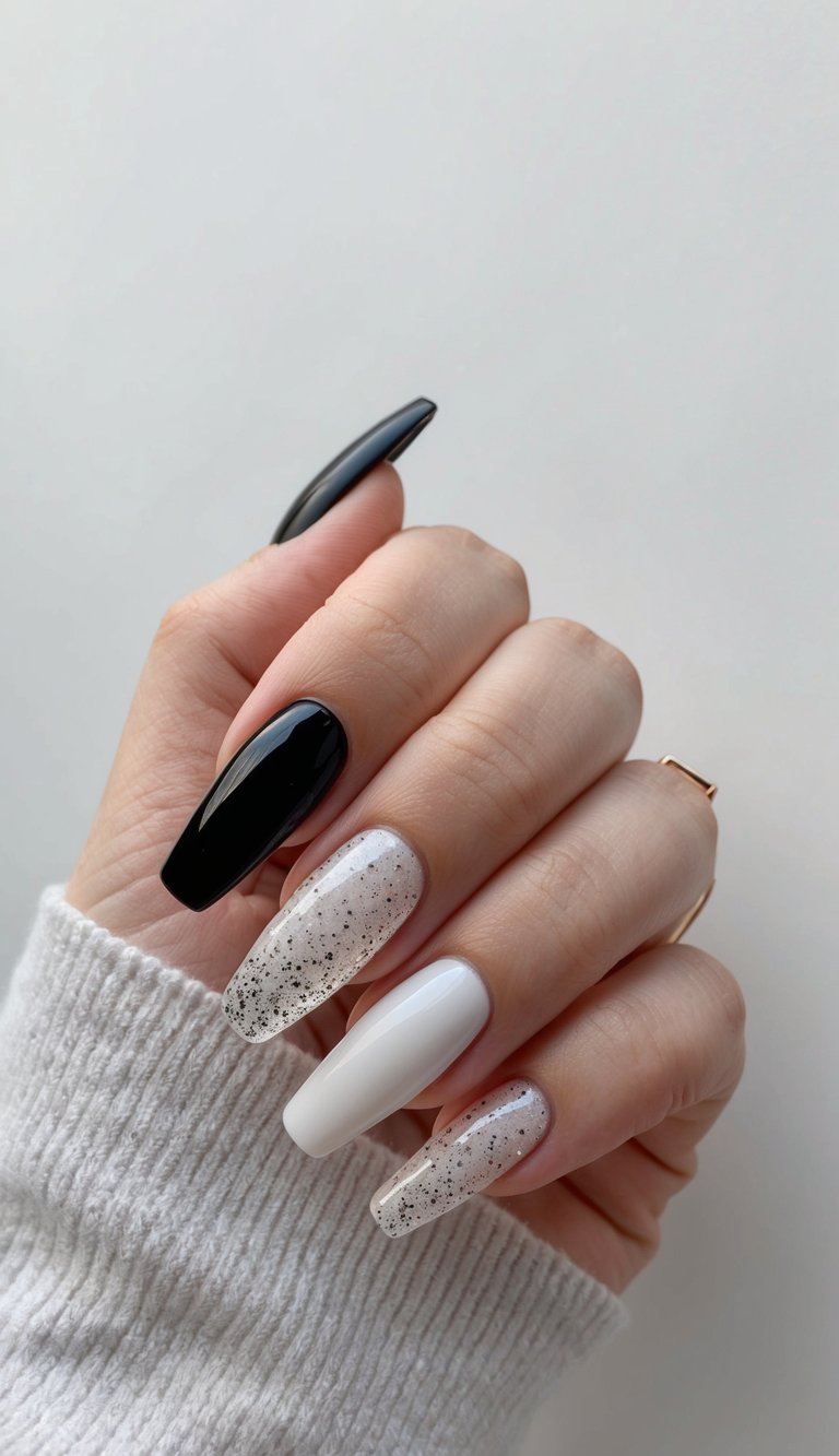 A coffin-shaped nail with black polish and glitter tips on a clean, neutral background