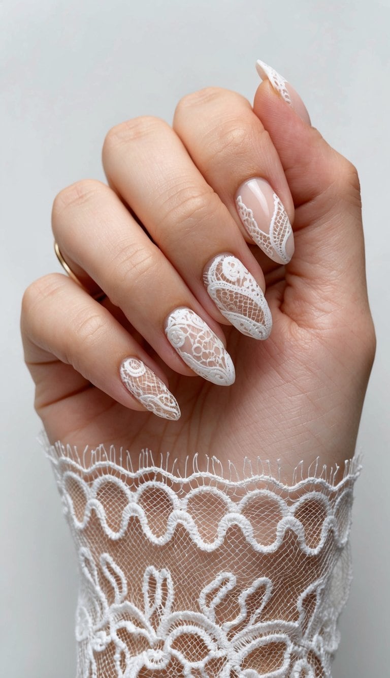 A lace-inspired bridal nail art design featuring delicate patterns and intricate details