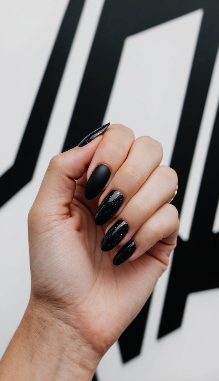 A black nail with subtle sparkles, set against a bold and edgy background