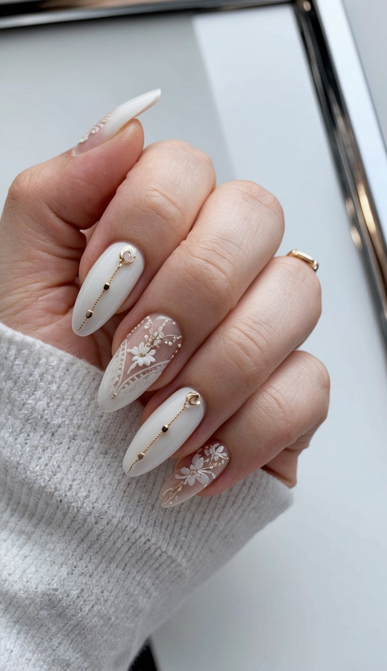A close-up of elegant bridal nail art designs on a chrome white background with delicate details and intricate patterns