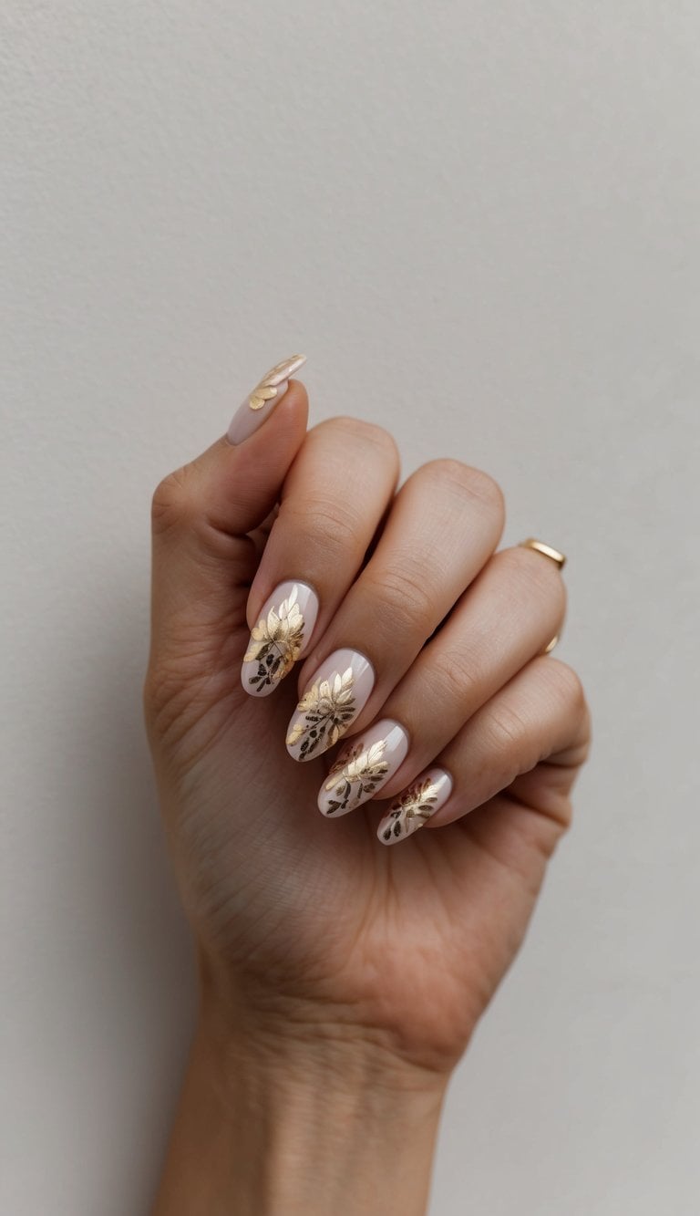 A close-up of bridal nails with intricate gold foil accents on a neutral background