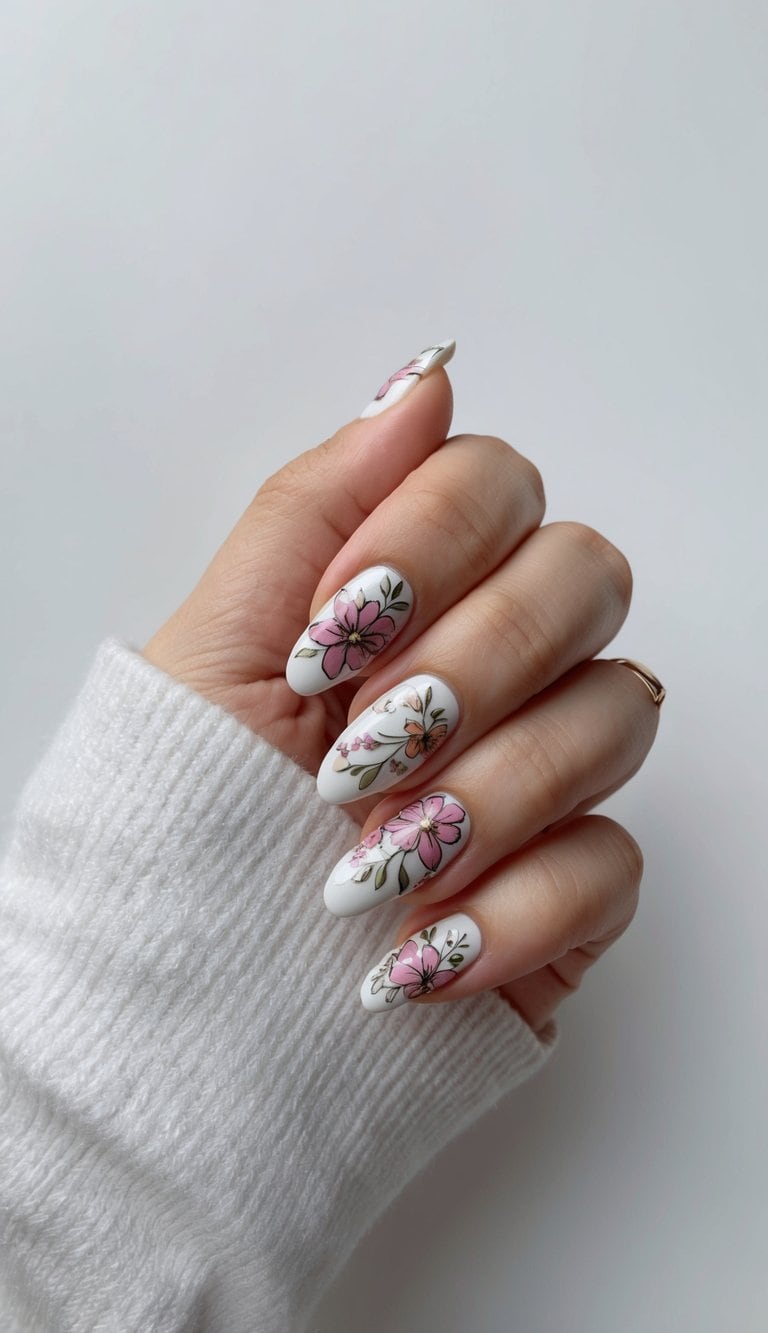 A close-up view of intricate floral nail art designs on a white background