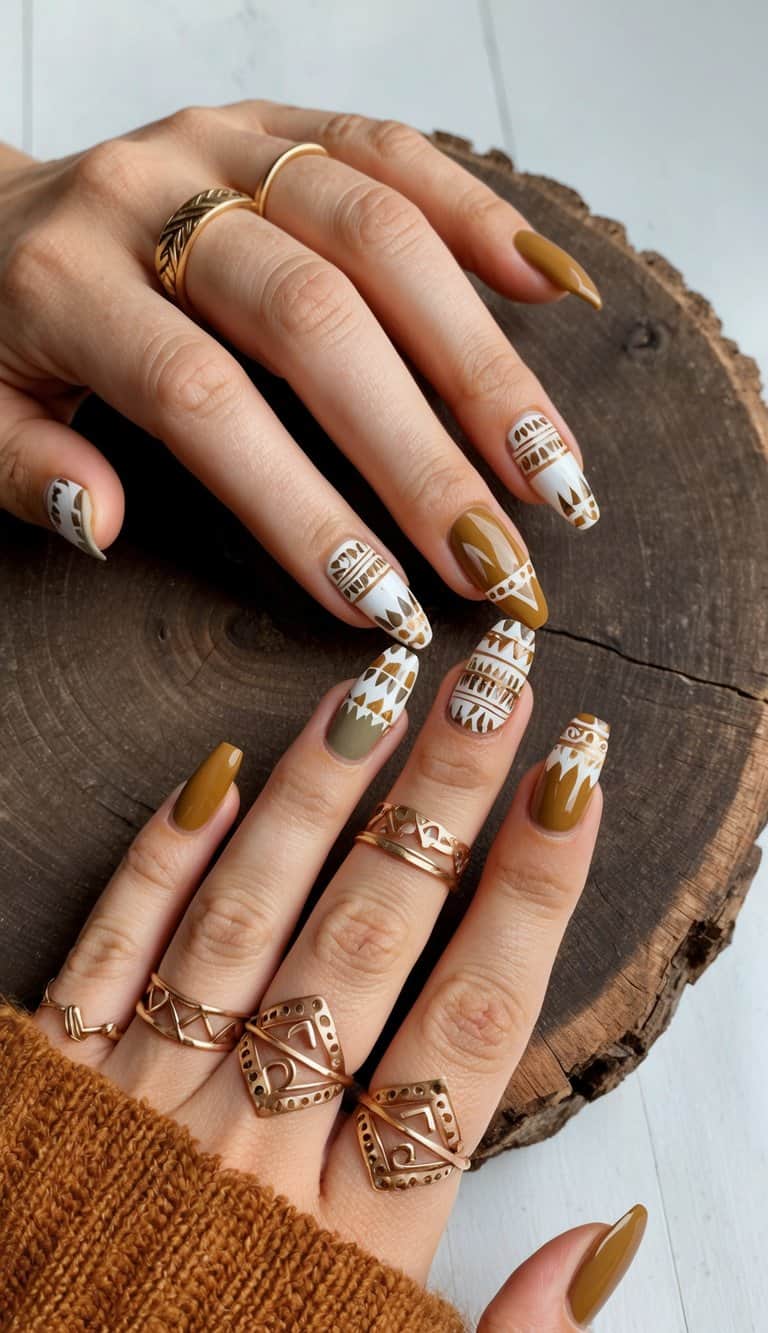 A collection of boho-inspired nail art designs with earthy tones and tribal patterns displayed on a rustic wooden surface