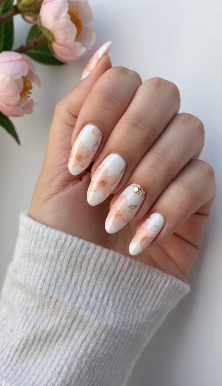 Peach blossoms in delicate patterns adorn bridal nails