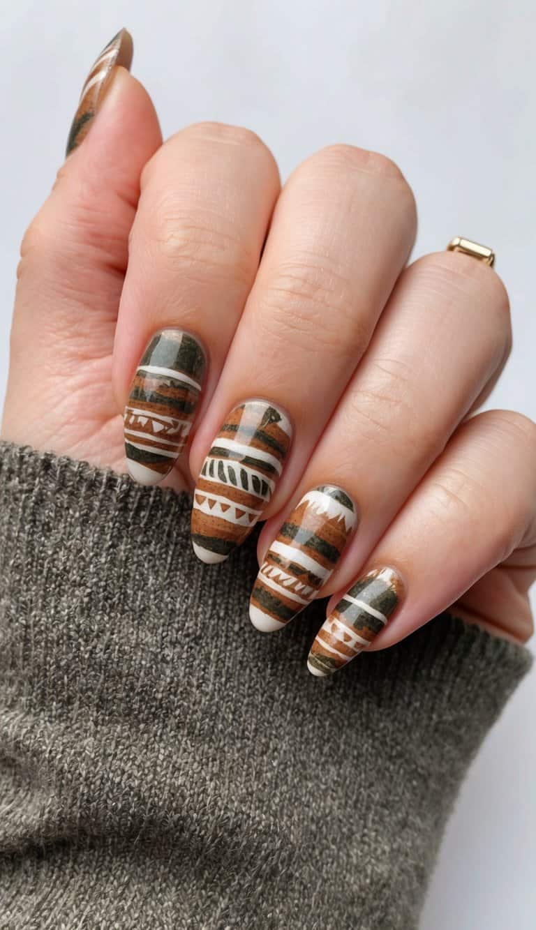 A woodland scene with rustic tribal patterns in earthy tones