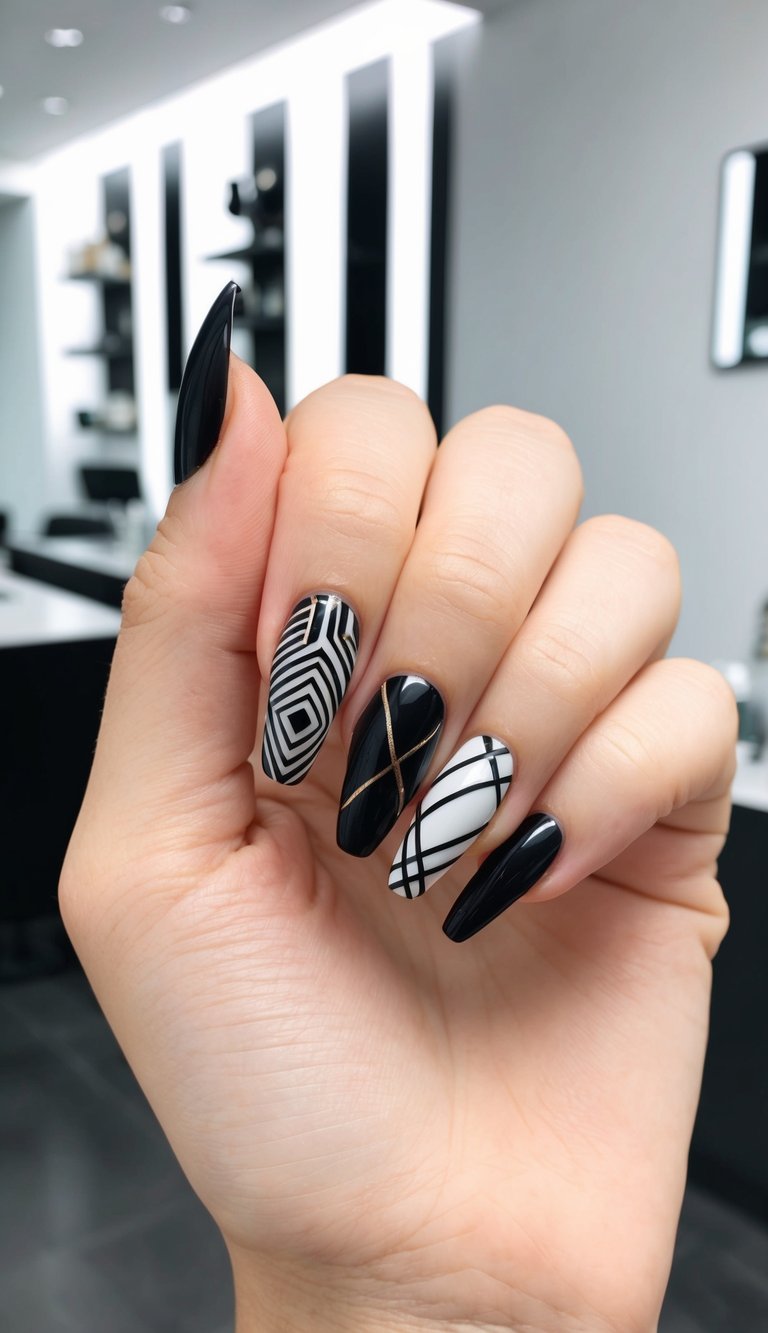 A sleek, modern nail salon with dramatic black geometric designs on display