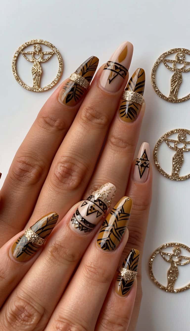 A close-up of boho-inspired nails with earthy tones and tribal patterns, surrounded by glittering goddess symbols