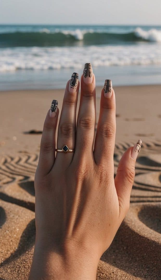A serene beach with gentle waves, surrounded by earthy tones and tribal patterns in the sand