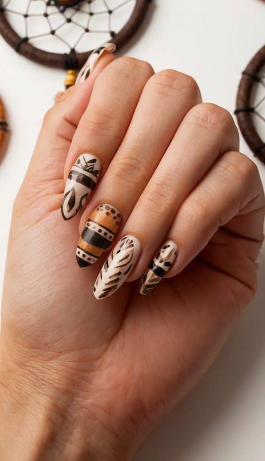 A collection of bohemian dream catchers with earthy tones and tribal patterns