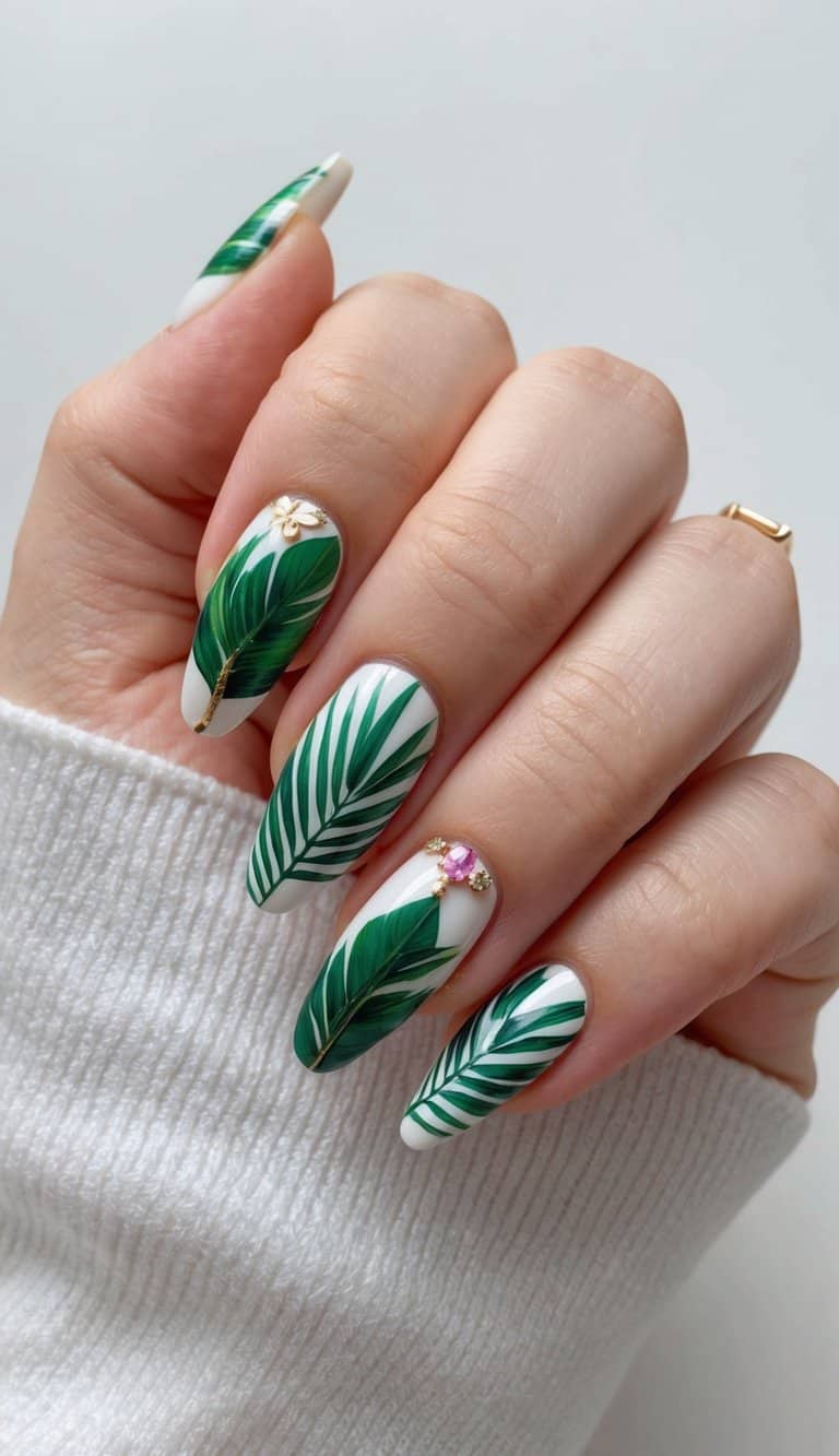 A tropical palm print bridal nail art design with delicate details and vibrant colors