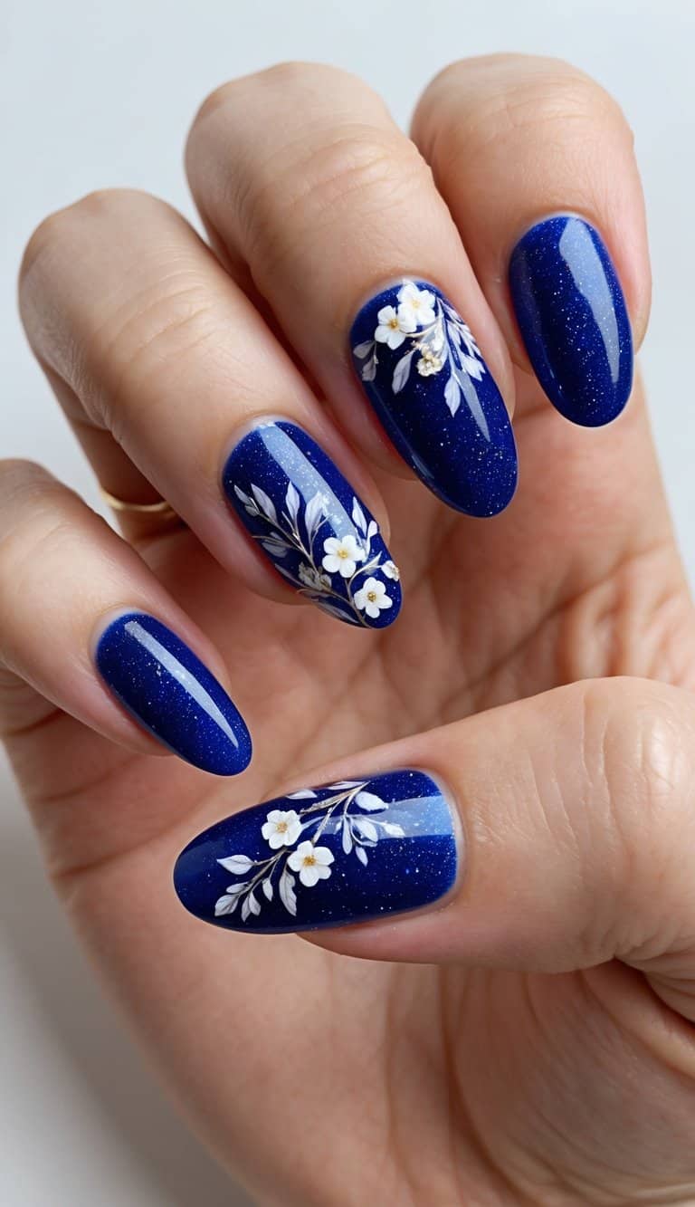 A sparkling sapphire nail art design with delicate floral details