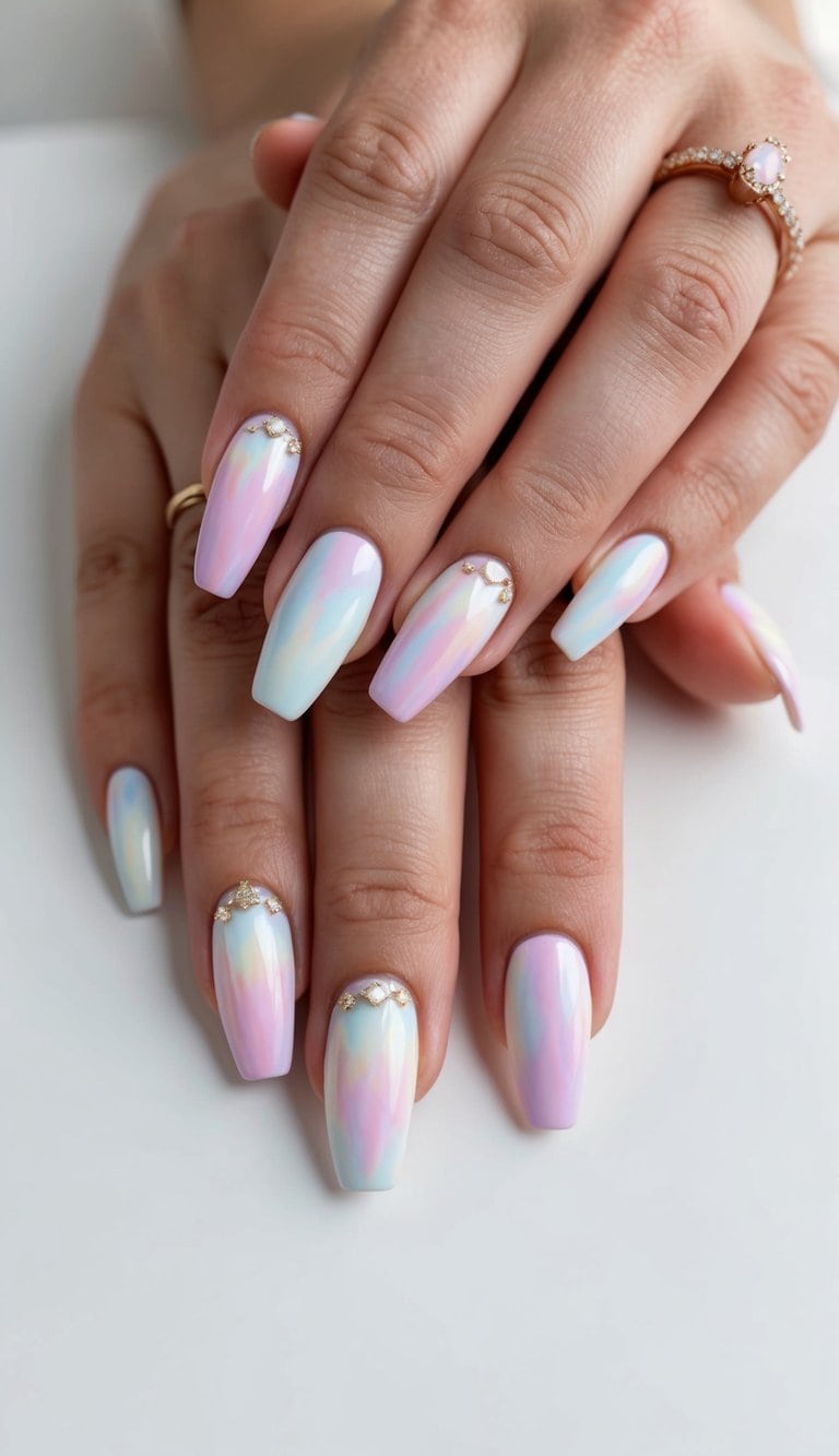 Soft pastel tie-dye nails in bridal theme, elegant and sophisticated