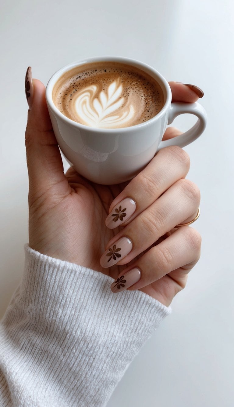 A close-up of a hand holding a cup of mocha with brown nail art designs on the nails