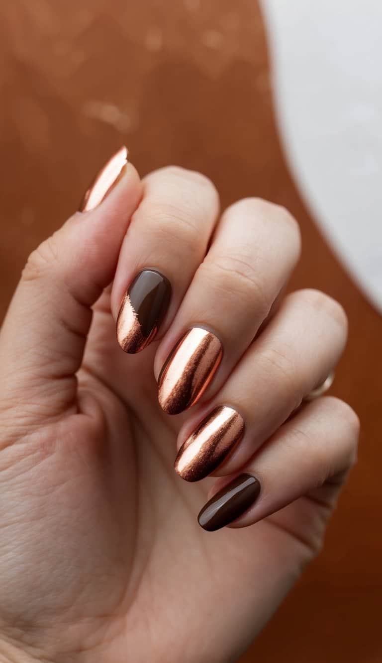 A close-up of brown nails with copper foil highlights, set against a warm, earthy backdrop